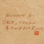 title of Escape 3 on plain brown wrapper over beige denim covered boards